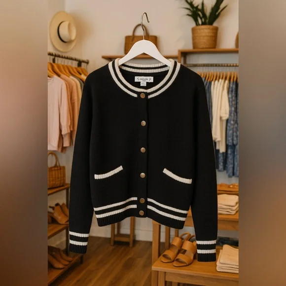 Nanette Lepore Black & Cream Varsity Cardigan Sweater Size XL NWT - Picture 3 of 11